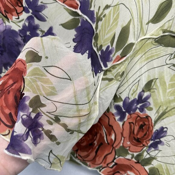 Nine West Silk Y2K Floral V-Neck Flowy Blouse Top Size 10 Green Cream Fairycore - Picture 7 of 13